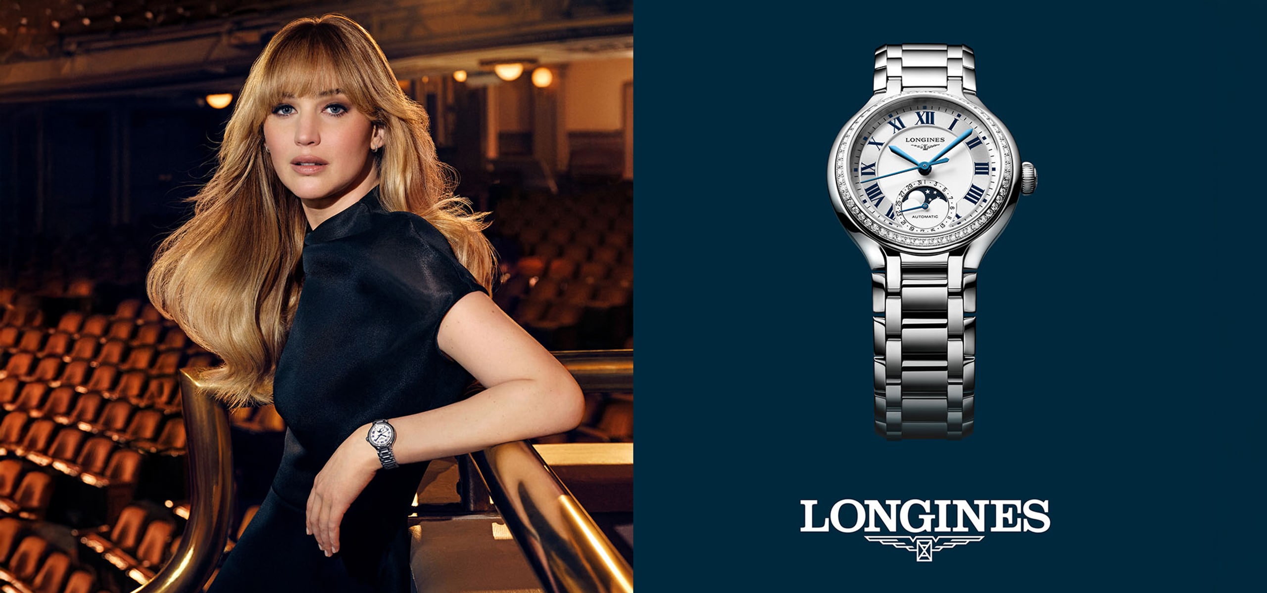 Jennifer Lawrence präsentiert die neue LONGINES PrimaLuna Kollektion. Ein silberfarbenes Zifferblatt, 58 Diamanten und feinste Mechanik – wenn Eleganz auf Präzision trifft, mit einer Gangreserve von bis zu 72 Stunden.