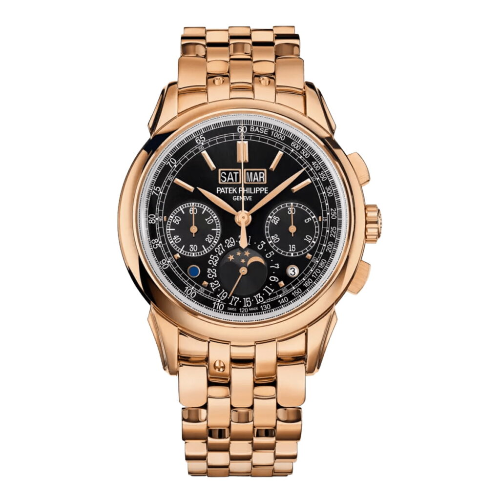 Eine luxuriöse goldene Patek Philippe Grandes Complications Armbanduhr mit schwarzem Zifferblatt, mehreren Hilfszifferblättern, einer Mondphasenanzeige und einem goldenen Gliederarmband. Die Uhr zeigt den Tag, das Datum und den Monat in Fenstern an der Oberseite an.