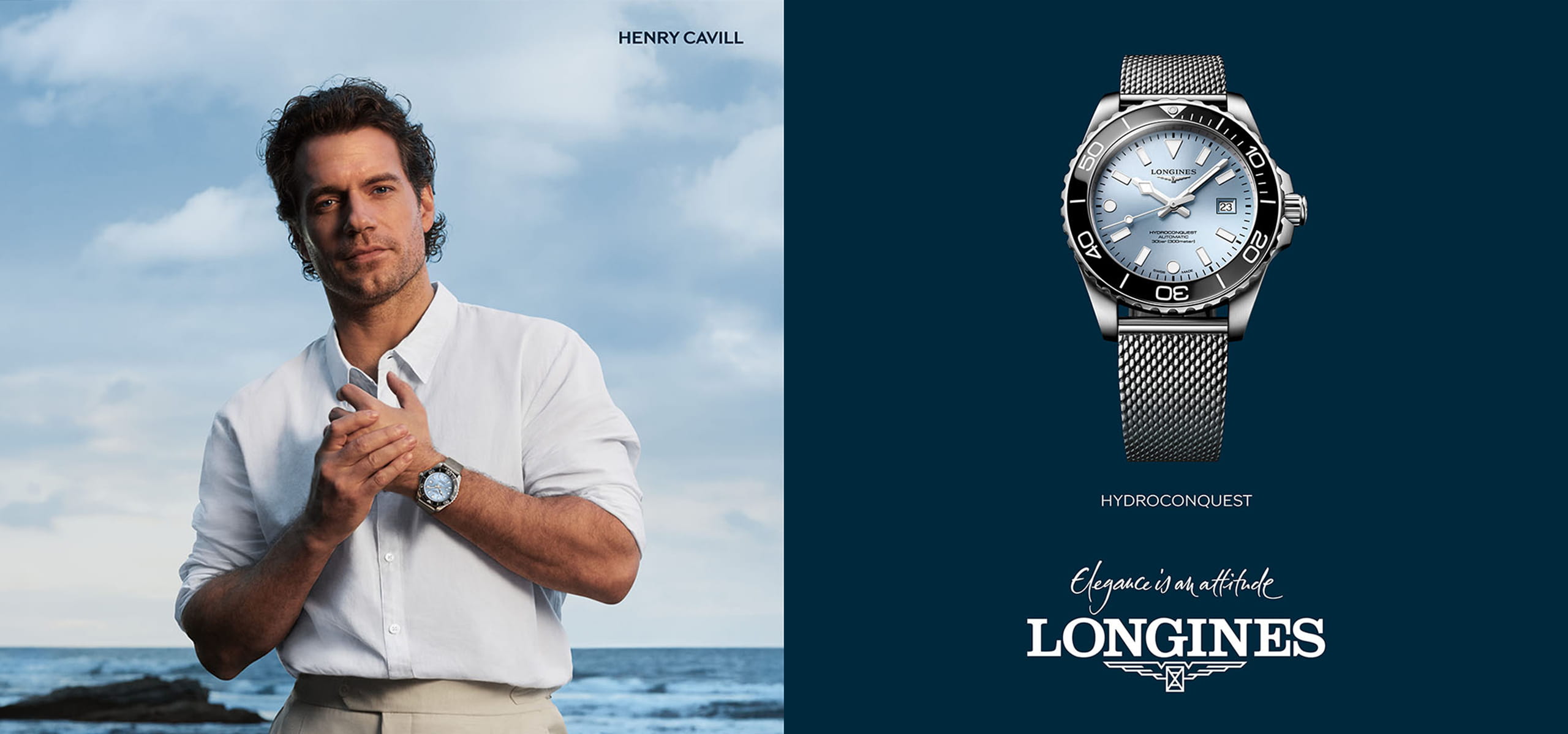 Ein Mann in einem weißen Hemd steht am Meer und trägt eine silberne Longines HydroConquest Uhr. Neben ihm steht der Text: "Eleganz ist eine Haltung. LONGINES. HYDROCONQUEST." Das Markenlogo ist zu sehen.